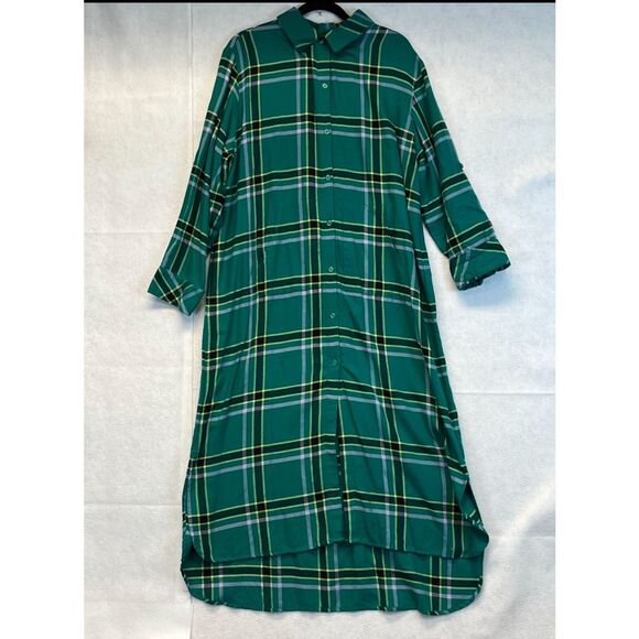 PAJAMAGRAM Nightgown 1X Green Plaid Flannel Button Front Long Sleeve Maxi Hi-low - Picture 1 of 14